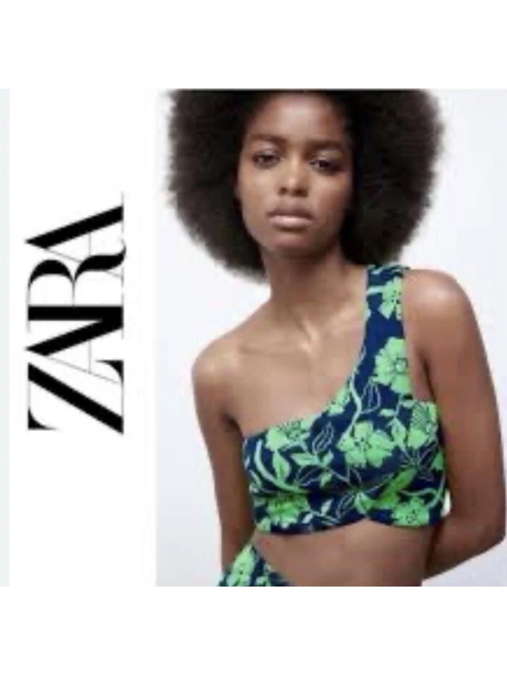 Zara Navy One-Shoulder Crop Top with Lime Green Floral Print